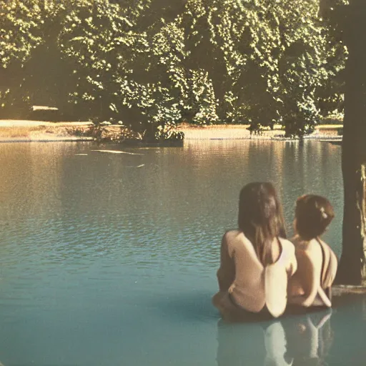 Image similar to color photograph from the sixties of people sitting by a lake in summer, faded colors, light leaks