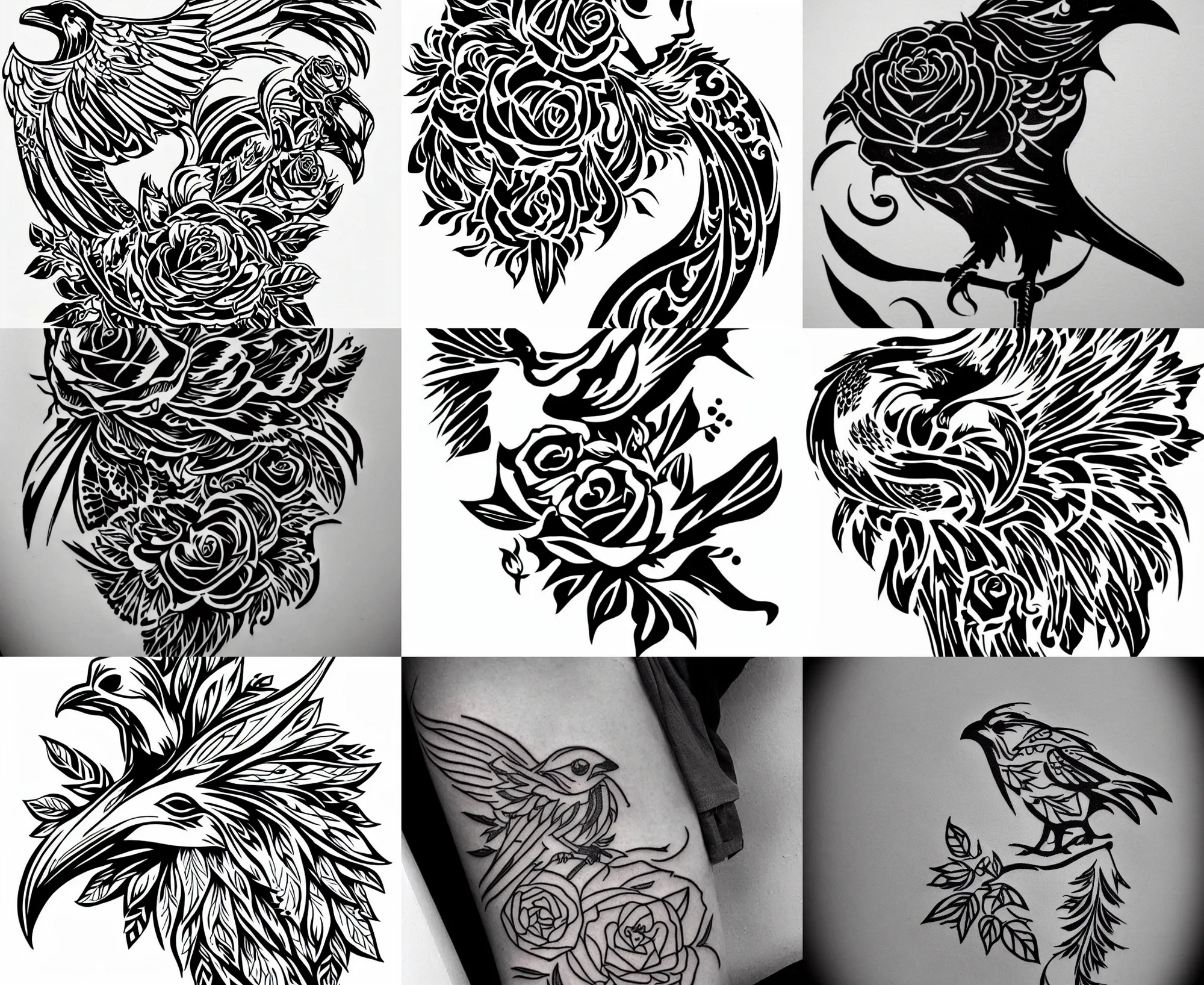 Image similar to Tattoo Stencil stylized crow rose Raven, bold strong lines very highly aesthetic