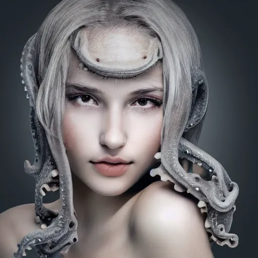 Image similar to A girl with a gray octopus for hair, very young and beautiful face, silver eyes, HD, hyper realistic