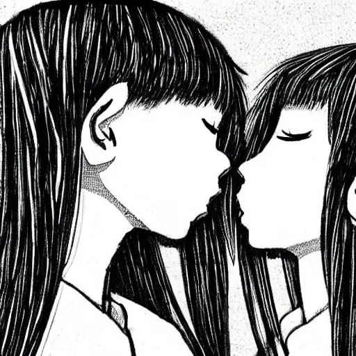 Image similar to portrait of two girls kissing, detailed manga art