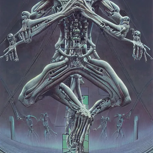 Image similar to biomechanical human raising his hands into the sky of the machine by wayne barlowe