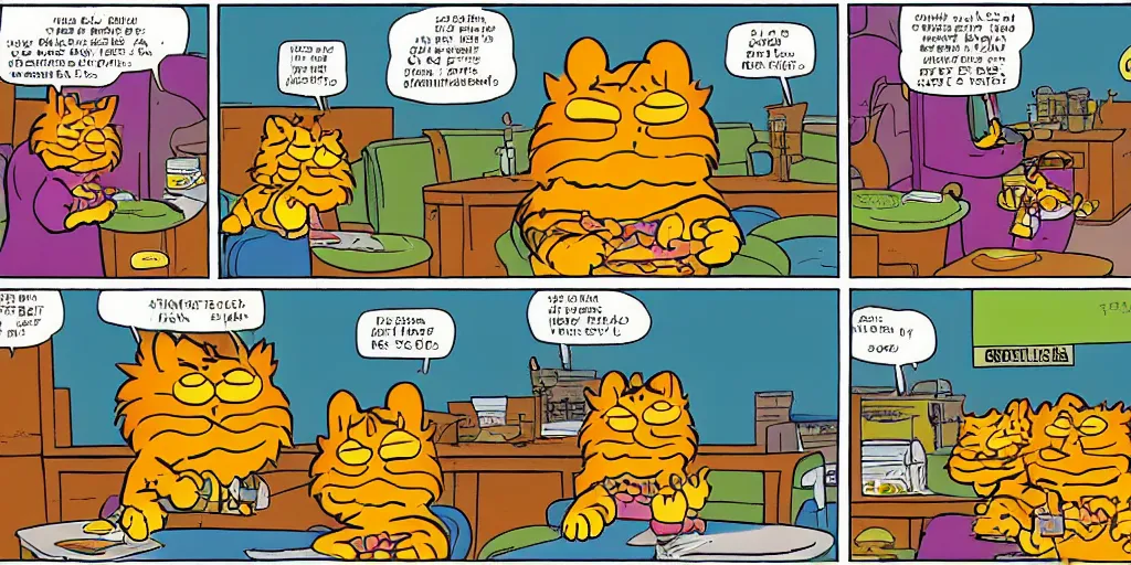 Prompt: three panel garfield comic strip about taco bell.