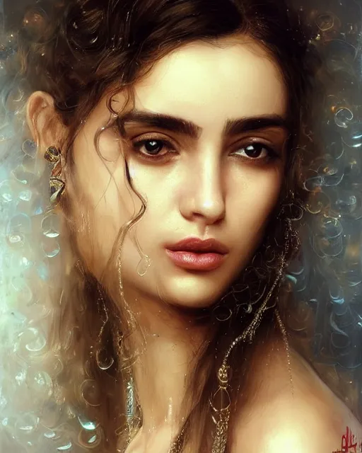 Image similar to a highly realistic, true to life portrait of a beautiful young middle eastern girl, soft focus, from the waist up, with sharp features, a beautiful face, soft smile, under studio lighting, taken with a canon eos camera with 1 3 5 mm focal length, art by karol bak, james jean, tom bagshaw, trending on artstation,