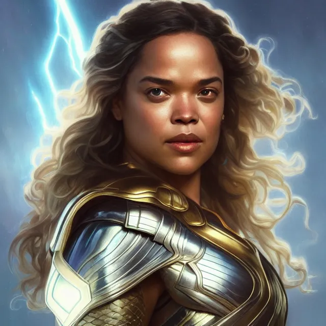 Image similar to close up portrait of tessa thompson as thor wearing shiny silver armor, glowing hair, glowing light armor, subsurface scattering, ethereal, artistic, temple background with light rays, fantasy atmosphere. art by artgerm, greg rutkowski and alphonse mucha, 3 d artstation octane render,