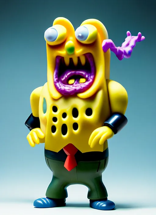 Image similar to hyperrealistic rendering, fat smooth john carpenter flesh monster spongebob by art of skinner and richard corben and jeff easley, product photography, action figure, sofubi, studio lighting, colored gels, colored background