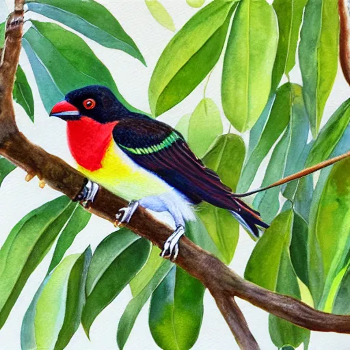 Prompt: A realistic painting of a Collared Trogon in a wild avocado tree, watercolour, pastel colours