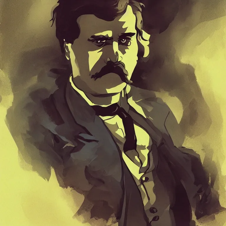 Prompt: Stunning Portrait of Friedrich Nietzsche in his Suit, chiseled Jawline and serious Look, in the Style of Artgerm and Ross Draws and Mike Mignola and Atey Ghailan, neon rim light, hard shadows, colorful, plain background, trending on artstation