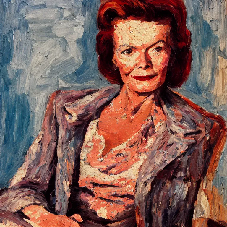 Image similar to close up studio portrait of Katherine Hepburn, age 30, gorgeous face, wearing a punk outfit in 1987, impasto heavy brushstrokes oil painting by Paula Modersohn Becker and Tim Hawkinson and Cy Twombly, Intense colors trending on artstation dramatic lighting Expressionism