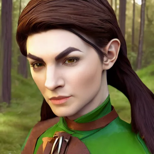 Image similar to anya charlota as a medieval fantasy wood elf, dark brown hair tucked behind ears, wearing a green tunic with a fur lined collar and brown leather armor, stocky, muscular build, scar across nose, one black, scaled arm, cinematic, character art, digital art, forest background, realistic. 4 k