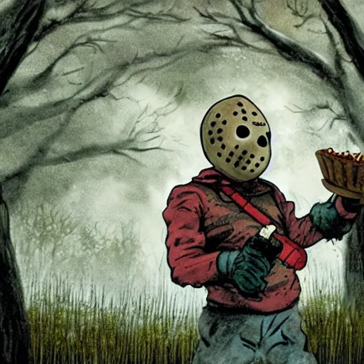 Prompt: jason voorhees having a picnic at chernobyl