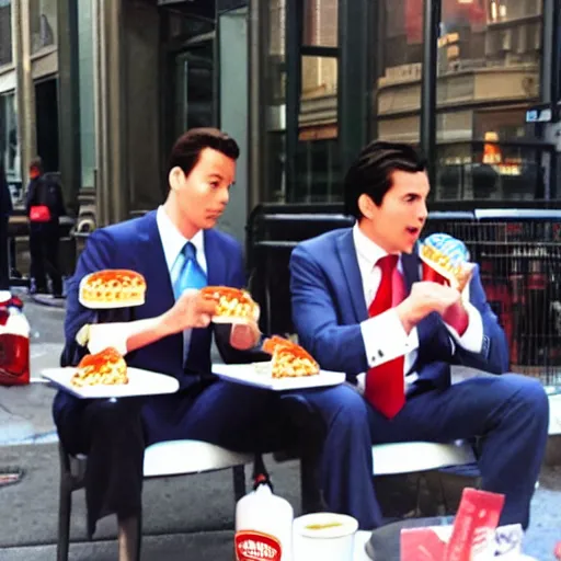 Prompt: phoenix wright and apollo justice eating hamburgers in new york city