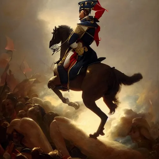 Image similar to a dramatic epic ethereal portrait of Napoleon in French revolutionary wars, 18th century, full body with dynamic pose, male, detailed face, cinematic lighting, highly detailed oil on canvas painting by Greg Rutkowski, winning-award digital art trending on Artstation H 1024 W 832