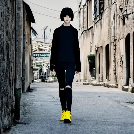 Prompt: 1 7 - year - old pale - skinned anime girl with black long bob cut, long bangs, black gothic jacket, black jeans, running through italian town, yellow sunshine, sepia sun, strong lighting, strong shadows, vivid hues, ultra - realistic, sharp details, subsurface scattering, intricate details, hd anime, 2 0 1 9 anime