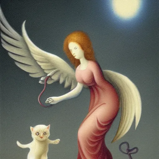 Prompt: an angel leading a crying cat to hell by heironymous bosch