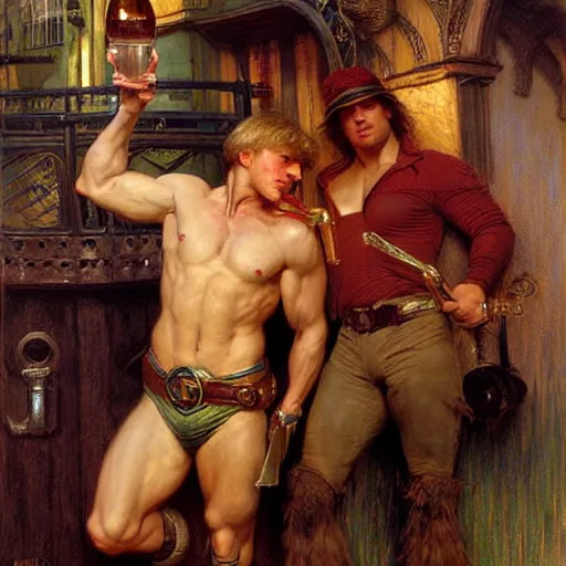 Image similar to attractive muscular arthur pendragon and muscular attractive merlin go to a pub together to have some drinks. highly detailed painting by gaston bussiere, craig mullins, j. c. leyendecker, alphonse mucha 8 k