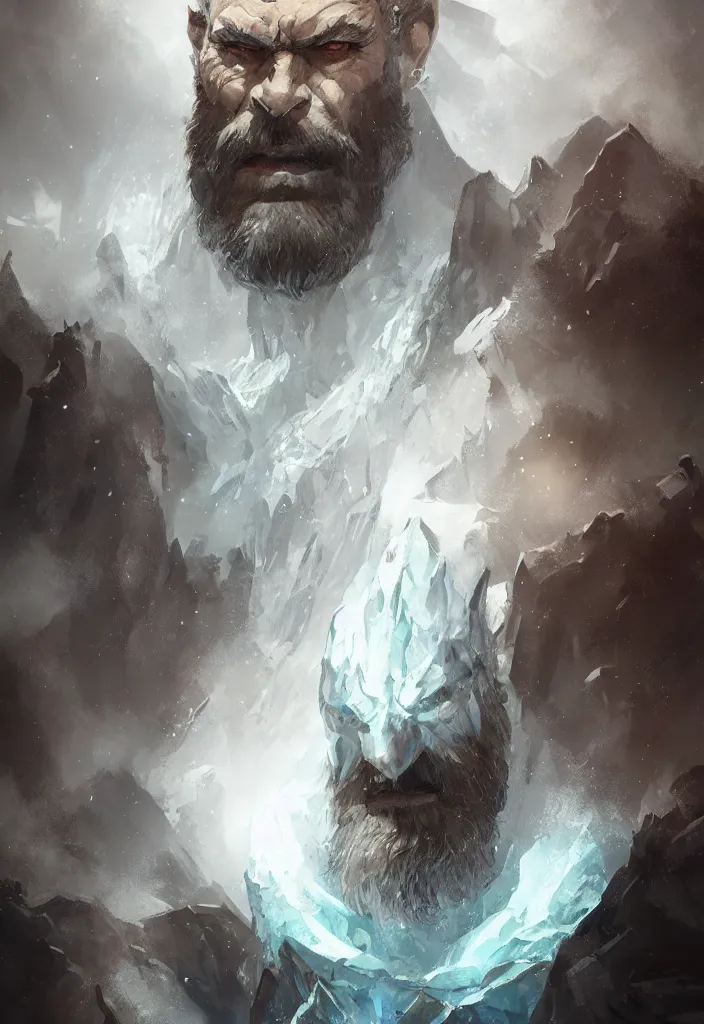 Prompt: portrait of ice giant made of ice, bearded face, concept art in style of Greg Rutkowski, John Singer Sargant, painted by Frazetta, trending on artstation