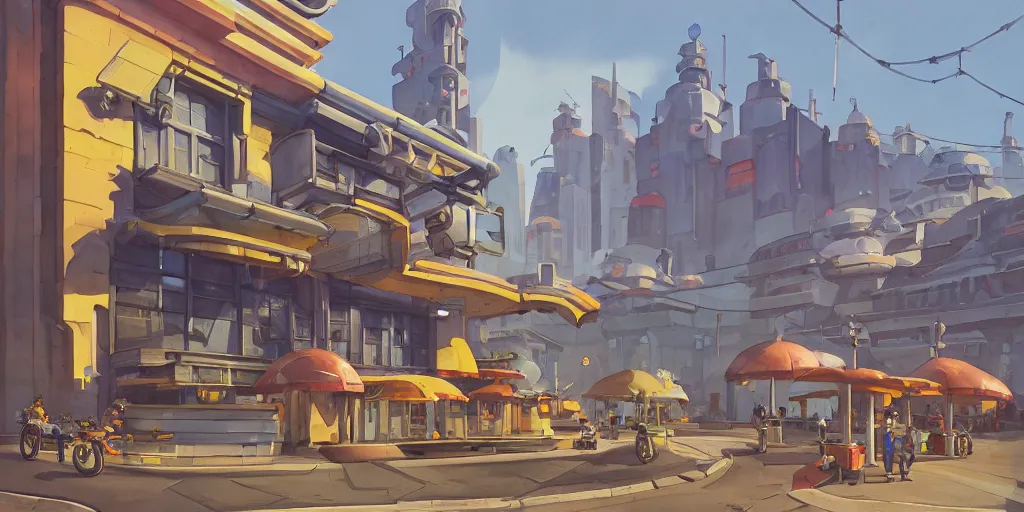 Image similar to overwatch building, stylized, exterior, architecture, in watercolor gouache detailed paintings, insanely detail, artstation, 8 k, futuristic, big medium small, arcane, simon stalenhag, food stall, interesting shapes & form, golden ratio