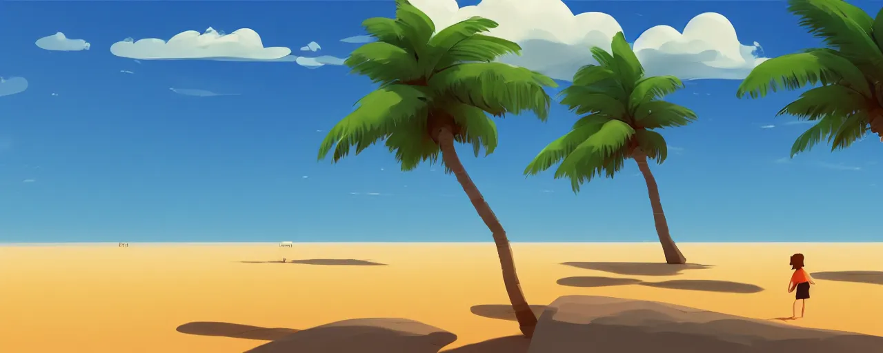 Image similar to illustration of a beach horizon with clouds and one palm tree in the style of goro fujita, sharp focus, highly detailed, artstation