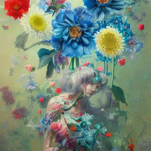 Prompt: a wild group of huge flowers, flowers with very long petals, glowing, vivid, detailed painting, by James Jean and Ross Tran, masterpiece, award winning painting