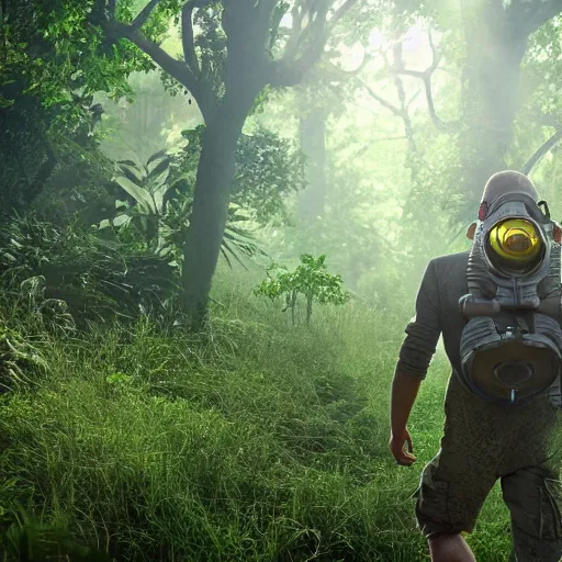 Image similar to a heavily equipped man wearing a gasmask, walking through a lush jungle, realistic octane render, ray traced, god rays, extremely high detail