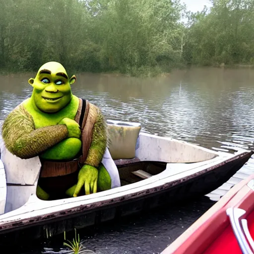 Image similar to shrek on a boat in a swamp