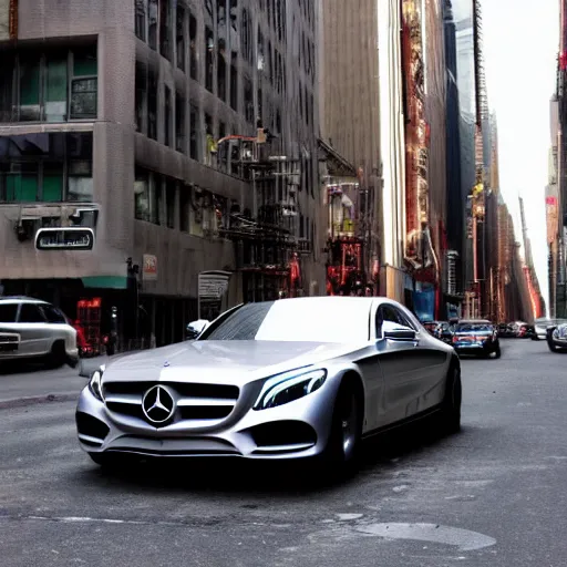 Prompt: photo of futuristic mercedes car in the streets on new york city,