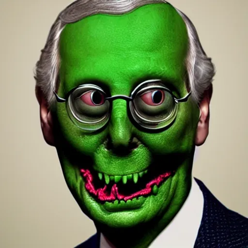 Image similar to the melting slimy face of villain mitch mcconnell flesh monster. horror film photograph.