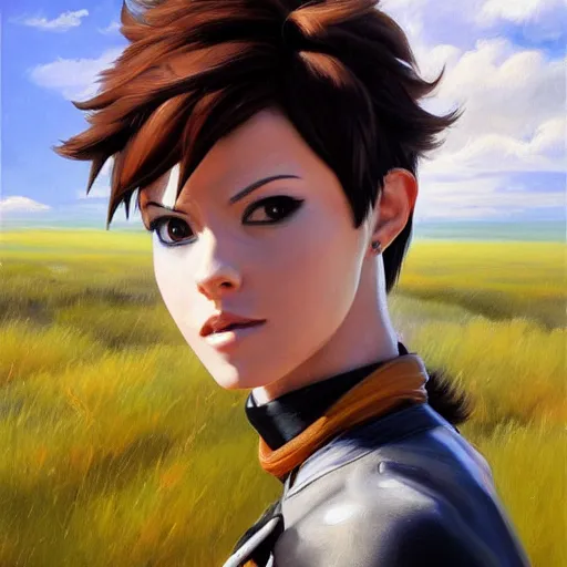 Prompt: oil painting of tracer overwatch in a field wearing tall steel choker around neck, in style of mark arian, expressive face, detailed face, detailed eyes, full body, feminine face, tracer overwatch,
