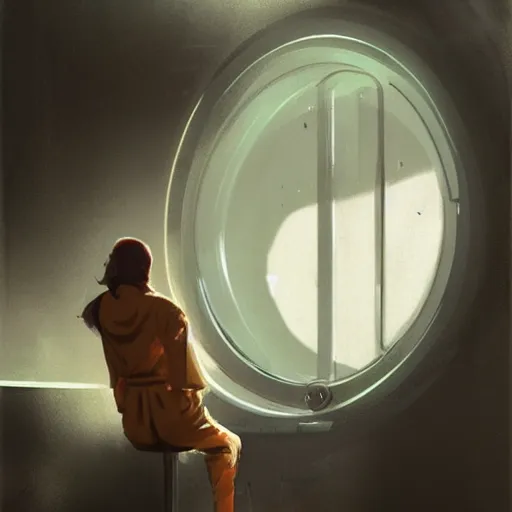 Image similar to concept art by greg rutkowski, a very tall, and slender woman, wearing utilitarian jumpsuit, sitting in the giant washing machine with circle window, brutalist futuristic interior, dark lighting atmosphere, detailed portraits, nostalgic atmosphere, scifi, digital painting, artstation, concept art, smooth, sharp foccus ilustration, artstation hq