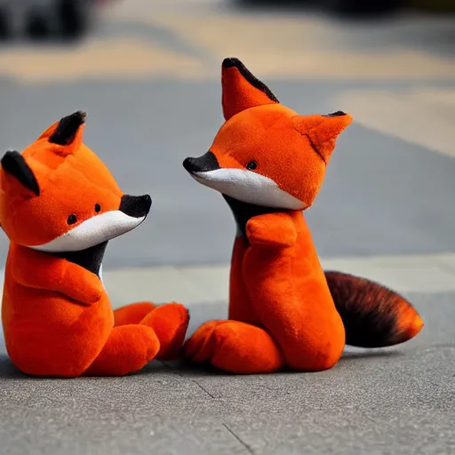 Image similar to Two fox plushies playfully wrestling on the sidewalk, dynamic, award winning photography