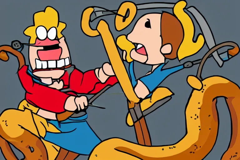 Image similar to a cartoon donut fighting a cartoon pretzel with swords. fight scene, dramatic