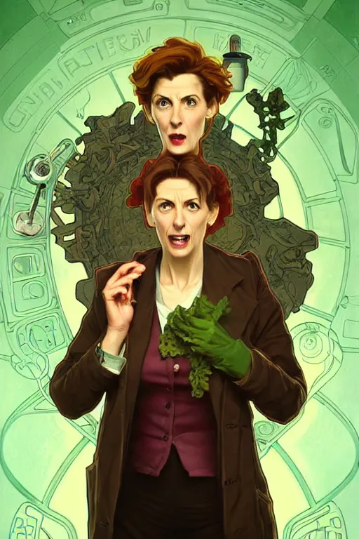 Image similar to doctor who, woman, as a mad dentist, on a plain green background, art by artgerm and greg rutkowski and alphonse mucha