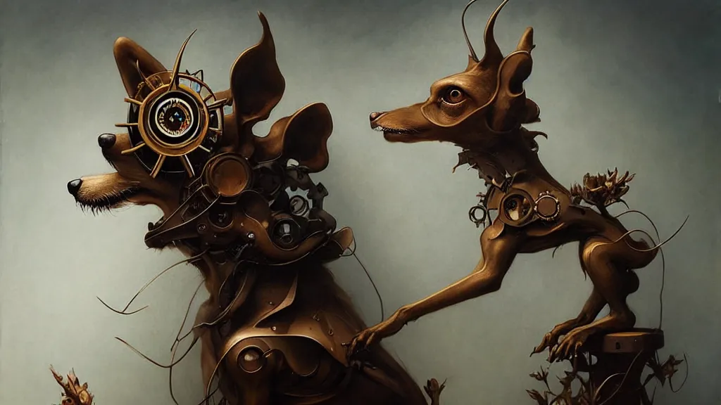 Image similar to a clockwork dog contemplating its owner, in the style of peter mohrbacher by weta digital and beth cavener, masterpiece, award winning, high face symmetry, intricatein the style of peter mohrbacher by weta digital and beth cavener, masterpiece, award winning, high face symmetry, intricate