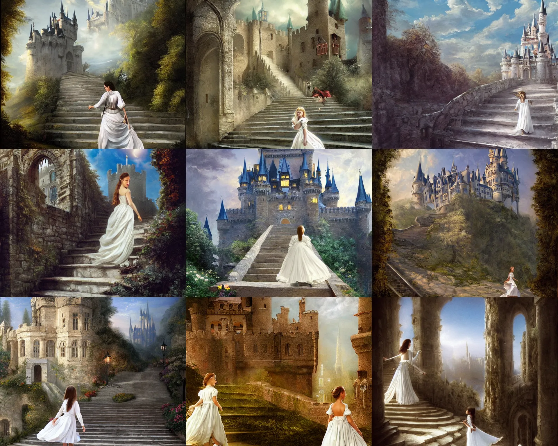 Prompt: A girl in a white dress runs down the castle steps. High walls, bright chandeliers in high windows, matte painting, 30mm, very long shot, fantasy painting by Franz Hein