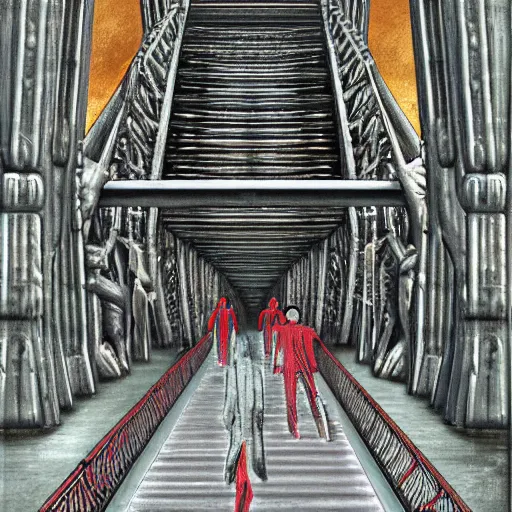 Prompt: a couple of humans walking across a metallic bridge, h. r. giger digital painting