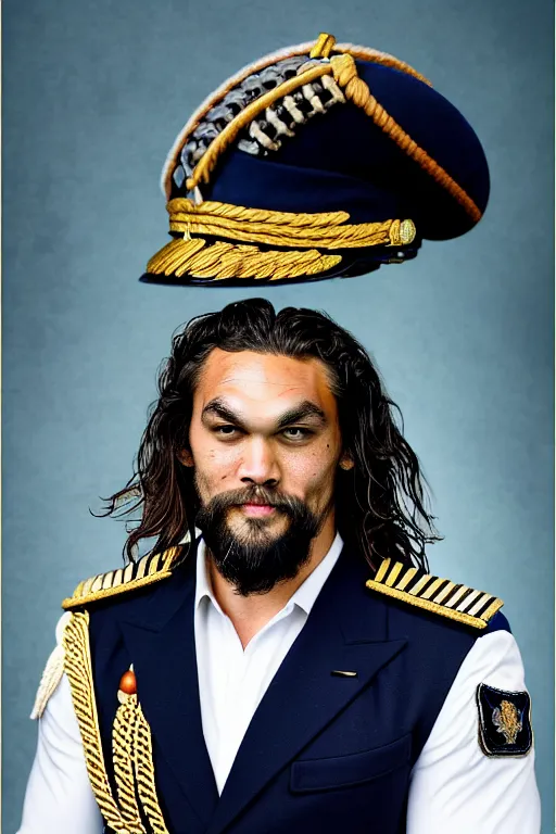 Image similar to portrait of Jason Momoa as an admiral in the Royal Navy, royal portrait