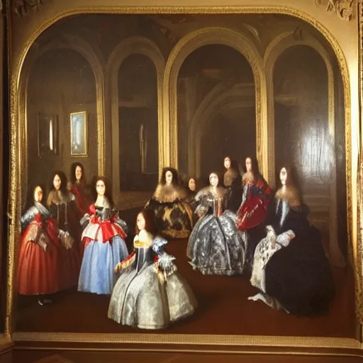 Prompt: super quality family portrait in the main room of the castle painted in 1 6 5 6, dark room, one point of light coming through the back door inspired by las meninas, clear spaces between each subject and good detail and realistic eyes, faces for each person in the canva, inspired by diego velasquez baroque style