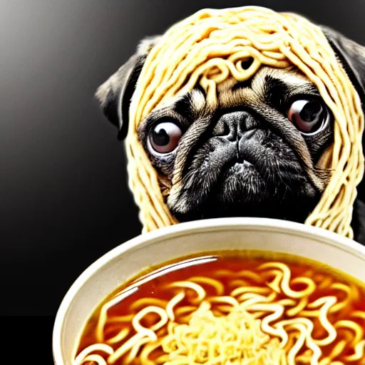 Image similar to An adorable pug sitting in a pot of ramen noodle soup atop a stove, high resolution photograph