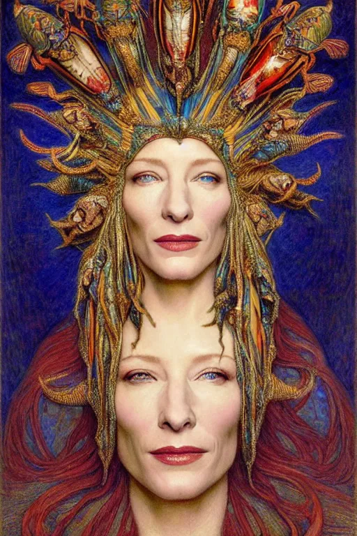 Image similar to cate blanchett , by jean delville and Gaston Bussière and Tino Rodriguez and Diego Rivera , elaborate headdress and embroidered velvet, iridescent beetles, rich color, dramatic cinematic lighting, extremely detailed