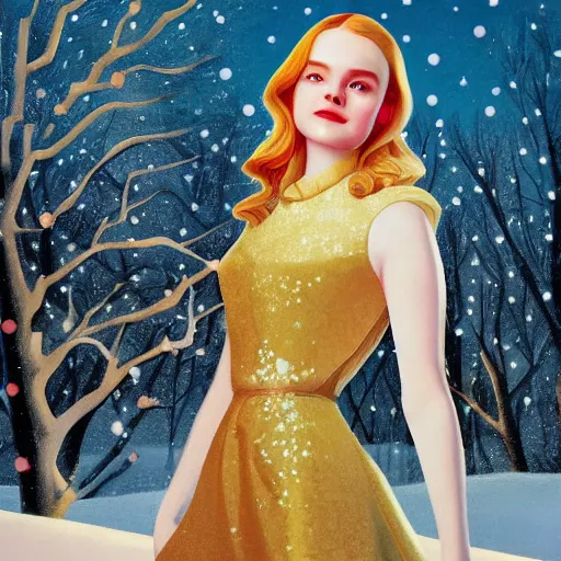 Image similar to Elle Fanning, head and shoulders masterpiece, in the snow, golden hour, in a garden, artstation, in the style of Art Deco and Fernando Botera and Bosch, extremely detailed