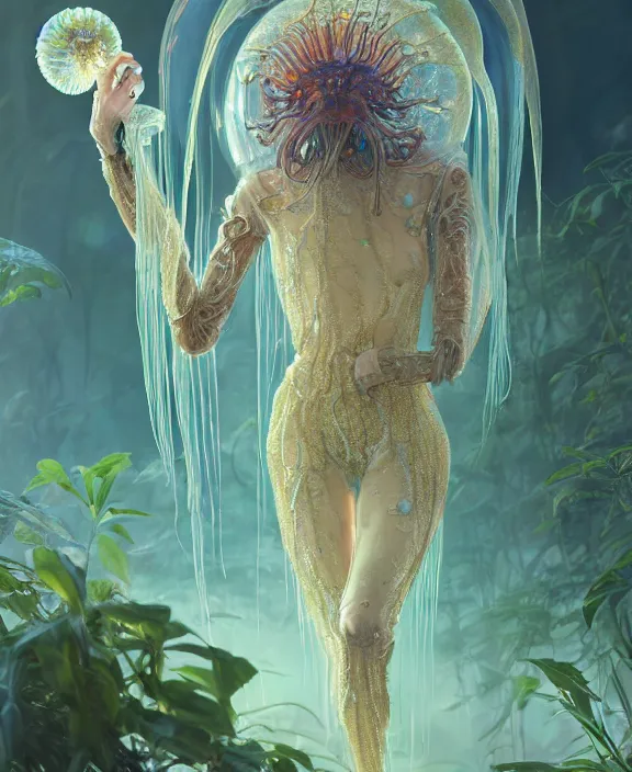 Image similar to opulent transparent clear see - through portrait of a terrifying beautiful male alien jellyfish robot, mottled coloring, adorable, childlike, overgrown biopunk jungle environment, ultra realistic, concept art, art nouveau, photorealistic, octane render, 8 k, unreal engine. art by christopher marley and artgerm and greg rutkowski and alphonse mucha