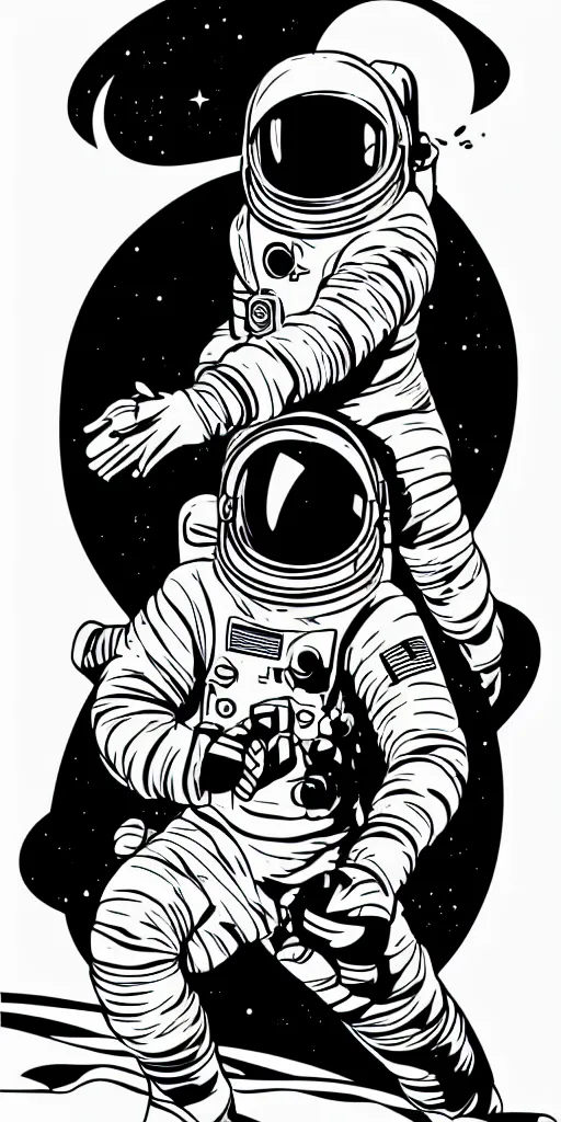 Prompt: illustration vector fine line art of a white astronaut on a full black background