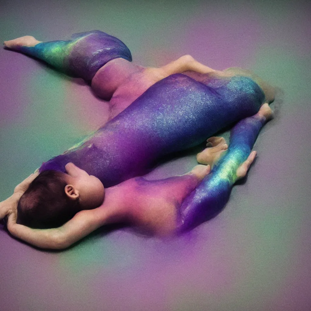 Image similar to cinestill of glitch iridiscent oil slick corpses connected by tubes to wax technical forms to a buried baby relaxing on yoga mat, faded, iridiscent gradient, purple fog, depth of field, blur, very detailed, by nadav kander and hans bellmer, 8 k, ultrarealistic, sad atmosphere, cinematic, 8 5 mm lens