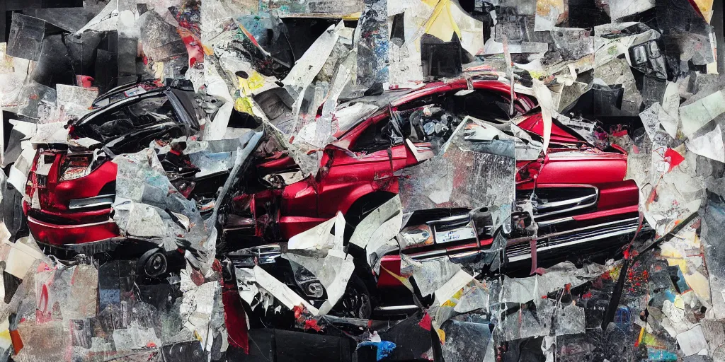 Prompt: car crash test, bank robbery, collage paper and tape, acrylic on canvas, hyperrealism mixed with expressionism, high resolution, cinematic, unreal 6 breathtaking detailed, by blake neubert