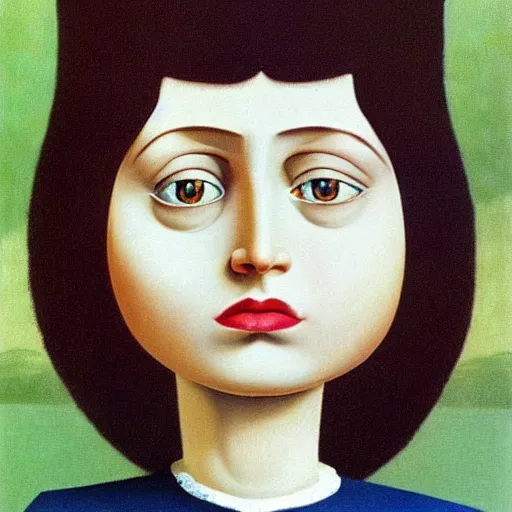 Image similar to very detailed portrait of angela anaconda. painted by rene magritte, 1 9 2 7. oil on canvas.