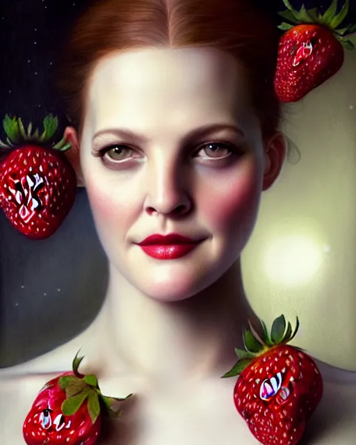 Image similar to beauty portrait, drew barrymore, strawberries, wild berries, by tom bagshaw, greg rutkowski, intricate background