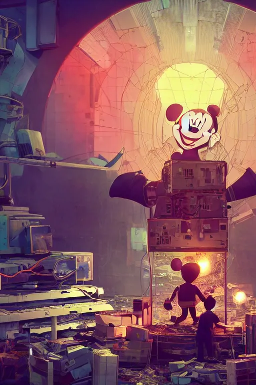 Prompt: workers repairing big mickey mouse head in abandoned computer facility, in background red glowing netflix logo. made by beeple, cgsociety, unreal engine, octane render, greg rutkowski, alphonse mucha, cinematic lighting, dark room, low light, sharp focus, 4 k highly detailed art