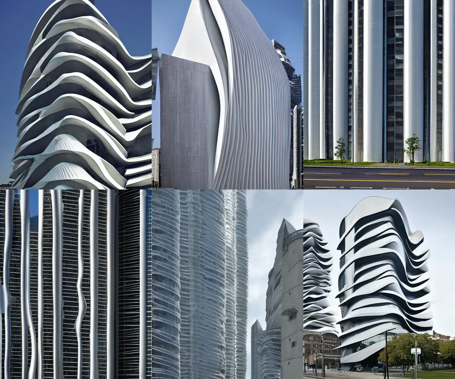 Prompt: exterior photograph of buildings, architecture by Zaha Hadid