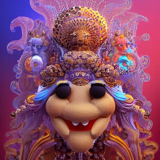 Image similar to 3 d muppet goddess frontal view full body, astral projection, with ram golden skull. beautiful intricately detailed japanese fractal kitsune mask and clasical japanese kimono. betta fish, jellyfish fractal, bio luminescent, plasma, ice, water, wind, creature, mandelbulb, fractal, artwork by tooth wu and wlop and beeple and greg rutkowski