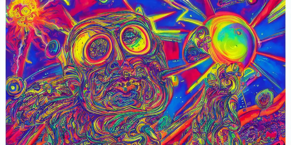 Prompt: a third eye is exploding open, beautiful plumes of technicolor noise erupt from his head, hypermaximalism, trippy visuals, lsd, dmt, psychedelic pop art poster, in the style of peter max and james jean